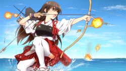 Rule 34 | 10s, 1girl, akagi (kancolle), arrow (projectile), bow (weapon), brown eyes, brown hair, drawing bow, holding, holding bow (weapon), holding weapon, kantai collection, long hair, muneate, on one knee, open mouth, sandals, skirt, solo, thighhighs, water, weapon, white thighhighs, yuto (dialique)