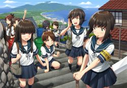 Rule 34 | 6+girls, armband, ayanami (kancolle), bad id, bad twitter id, bag, black hair, blue sky, blunt bangs, blush, breasts, brown eyes, brown hair, building, carrying, closed eyes, cloud, collarbone, commentary request, drum (container), fubuki (kancolle), green eyes, grin, hair ornament, hatsuyuki (kancolle), highres, house, ichikawa feesu, isonami (kancolle), kantai collection, kneehighs, long hair, looking at another, looking at viewer, low ponytail, miyuki (kancolle), mountain, multiple girls, neckerchief, ocean, open mouth, outdoors, pleated skirt, ponytail, ribbon, sailor collar, scenery, school uniform, serafuku, shikinami (kancolle), shirayuki (kancolle), shoes, short hair, short ponytail, shoulder bag, side ponytail, sidelocks, skirt, sky, small breasts, smile, socks, stairs, sweatdrop, twintails, uranami (kancolle), whistle