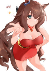Rule 34 | 1girl, animal ears, aqua eyes, bare shoulders, belt, black bow, blowing kiss, blue bow, bow, breasts, brown hair, chikabe, choker, cleavage, commentary request, dress, ear bow, gold belt, hair between eyes, hand on own hip, highres, horse ears, horse girl, horse tail, large breasts, long hair, maruzensky (umamusume), one eye closed, pendant choker, red choker, red dress, simple background, sleeveless, sleeveless dress, solo, star (symbol), tail, umamusume, umayuru, very long hair, white background