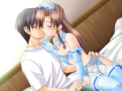 Rule 34 | 1boy, 1girl, bed, bell, blue bra, blue gloves, blue panties, blue thighhighs, blush, bow, bowtie, bra, braid, closed eyes, couple, dutch angle, elbow gloves, game cg, garter belt, gloves, hair bell, hair ornament, hand on another&#039;s hip, hat, hetero, holding another&#039;s wrist, indoors, kiss, lace, lace-trimmed bra, lace-trimmed gloves, lace-trimmed legwear, lace trim, lingerie, maid, mihara kasumi, norizou type-r, panties, ribbon, ribbon-trimmed gloves, ribbon-trimmed legwear, ribbon trim, shoulder grab, side-tie panties, takeuchi ryouji, tenshi no scanty, thighhighs, underwear, underwear only