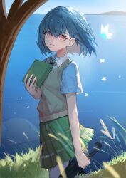 Rule 34 | 1girl, bang dream!, bang dream! it&#039;s mygo!!!!!, blue sky, book, brown sweater, bug, butterfly, cattail, collared shirt, commentary, day, grass, green skirt, grey hair, haneoka school uniform, hashtag-only commentary, highres, holding, holding book, holding umbrella, horizon, insect, looking at viewer, mountainous horizon, ocean, outdoors, parted lips, pink eyes, plaid, plaid skirt, plant, pleated skirt, ruer, school uniform, shirt, short hair, short sleeves, skirt, sky, solo, sweater, takamatsu tomori, tree, umbrella, white shirt