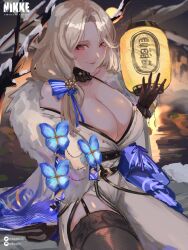Rule 34 | 1girl, absurdres, belt, black belt, black gloves, black thighhighs, blonde hair, blue butterfly, blue ribbon, breasts, bug, butterfly, closed mouth, fur-trimmed kimono, fur trim, garter straps, gloves, goddess of victory: nikke, hair over shoulder, hair ribbon, highres, holding, holding lantern, insect, japanese clothes, kimono, lantern, large breasts, long hair, looking at viewer, ludmilla (nikke), ludmilla (winter owner) (nikke), off shoulder, official alternate costume, onsen, otapic, parted bangs, red eyes, ribbon, snow, solo, striped ribbon, thighhighs, white kimono, wide sleeves