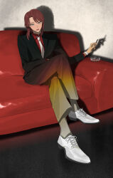 Rule 34 | 1boy, ashtray, black pants, cigarette, collared shirt, commentary, couch, crossed legs, formal, full body, gradient pants, grey eyes, grey socks, highres, holding, holding cigarette, ichijou seiya, kaiji, long hair, looking at viewer, male focus, medium bangs, necktie, open mouth, pants, parted bangs, red hair, red pants, red shirt, shirt, shoes, sitting, socks, solo, suit, white footwear, white necktie, xt1125cj, yellow pants
