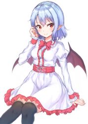 Rule 34 | 1girl, arm support, bat wings, black socks, black thighhighs, blue hair, bow, bowtie, closed mouth, dress, frilled dress, frills, hair between eyes, juliet sleeves, junior27016, kneehighs, long sleeves, looking at viewer, pointy ears, puffy sleeves, red bow, red bowtie, red eyes, remilia scarlet, short hair, sitting, smile, socks, solo, thighhighs, touhou, white dress, wings