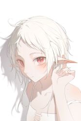 Rule 34 | 1girl, absurdres, ahoge, blush, closed mouth, elf, hand up, highres, looking at viewer, mushoku tensei, nogi lace, pointy ears, red eyes, shadow, short hair, solo, sylphiette (mushoku tensei), white background, white hair