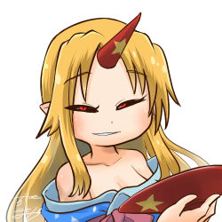Rule 34 | 1girl, profile picture, black sclera, blonde hair, breasts, chamaji, cleavage, close-up, collarbone, colored sclera, commentary, cup, holding, holding plate, horns, hoshiguma yuugi, hoshiguma yuugi (kimono), japanese clothes, kimono, long hair, looking at viewer, lowres, obi, off shoulder, oni, oni horns, plate, pointy ears, red eyes, sakazuki, sash, sidelocks, signature, simple background, single horn, solo, star (symbol), touhou, upper body, white background