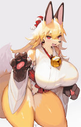 Rule 34 | 1girl, animal ears, animal nose, blonde hair, breasts, fox ears, fox girl, furry, furry female, hair between eyes, highres, huge breasts, japanese clothes, kishibe, long hair, looking at viewer, open mouth, original, red eyes, smile, solo, thighs
