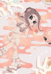 Rule 34 | 1girl, agent 8 (splatoon), bodysuit, brown hair, closed mouth, commentary request, copyright name, coral, drone, earrings, grey eyes, highres, io chan64, jewelry, lying, medium hair, nintendo, non-humanoid robot, octoling, octoling girl, octoling player character, on back, pearl drone (splatoon), robot, shoes, sleeveless, sleeveless bodysuit, socks, splatoon (series), splatoon 3, splatoon 3: side order, star (symbol), tentacle hair, thick eyebrows, white bodysuit, white footwear, white socks