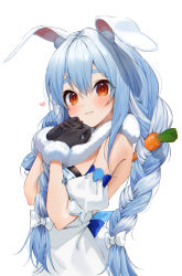 Rule 34 | 1girl, animal ear fluff, animal ears, black gloves, blue hair, blush, bow, braid, carrot hair ornament, closed mouth, commentary, detached sleeves, dress, food-themed hair ornament, fur scarf, gloves, gotou (nekocat), hair between eyes, hair bow, hair ornament, heart, highres, hololive, long hair, looking at viewer, multicolored hair, puffy short sleeves, puffy sleeves, rabbit ears, red eyes, short sleeves, signature, simple background, solo, symbol-only commentary, thick eyebrows, twin braids, twintails, two-tone hair, upper body, usada pekora, usada pekora (1st costume), very long hair, virtual youtuber, white background, white bow, white dress, white hair