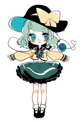 Rule 34 | 1girl, adapted costume, alternate costume, black footwear, black hat, black sailor collar, blue eyes, blue hat, blunt bangs, blush, bow, camisole, collared shirt, commentary, english commentary, eyelashes, frilled sailor collar, frilled skirt, frilled socks, frills, full body, green hair, green skirt, hat, hat bow, heart, heart in eye, heart of string, komeiji koishi, lace-trimmed sleeves, lace trim, long sleeves, mary janes, medium hair, miniskirt, nose blush, open mouth, outstretched arms, puffy long sleeves, puffy sleeves, sailor collar, shirt, shoes, skirt, sleeves past wrists, smile, socks, solo, straight-on, suzune hapinesu, symbol in eye, t-pose, third eye, touhou, two-sided fabric, two-sided headwear, wavy hair, white background, white camisole, white socks, yellow bow, yellow shirt