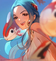 Rule 34 | 1girl, blue background, blue hair, brown eyes, cape, charmiisan, commentary, dress, earrings, eyelashes, fish, jewelry, light blue hair, long hair, looking to the side, nefertari vivi, one piece, open mouth, pink cape, sidelocks, sleeveless, sleeveless dress, smile, solo, teeth, twitter username, upper body, upper teeth only, white dress