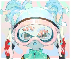 Rule 34 | 1girl, aqua jacket, blue hair, border, commentary request, fang, fingerless gloves, fish, gloves, goggles, highres, inkling, inkling girl, inkling player character, jacket, multicolored background, nintendo, open mouth, outside border, pppmepl, short hair, skin fang, solo, splatoon (series), swim goggles, tentacle hair, thick eyebrows, twintails, upper body, white border