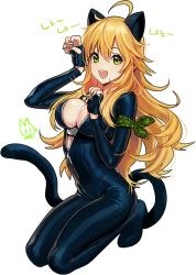 Rule 34 | 1girl, :d, ahoge, alternate costume, animal ears, armband, artist name, bad id, bad twitter id, black gloves, blonde hair, bodysuit, breasts, camouflage, cat burglar, cat ears, cat tail, center opening, cleavage, fingerless gloves, from side, full body, gloves, hair between eyes, happy, high heels, hoshii miki, idolmaster, idolmaster (classic), kemonomimi mode, kneeling, korean text, large breasts, long hair, looking at viewer, nail polish, open mouth, paw pose, rod (rod4817), signature, simple background, smile, solo, tail, unzipped, wavy hair, white background, zipper