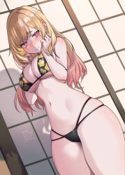 Rule 34 | 1girl, artist name, bikini, black bikini, blonde hair, blush, breasts, cleavage, curvy, dutch angle, earrings, floral print, gradient hair, highres, jewelry, kitagawa marin, large breasts, long hair, looking at viewer, looking to the side, multicolored hair, navel, nervous smile, pink eyes, pink hair, print bikini, skindentation, smile, solo, sono bisque doll wa koi wo suru, standing, stephringo, swimsuit, thick thighs, thighs, wide hips