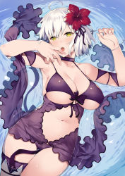 Rule 34 | 1girl, ahoge, bikini, bikini pull, blush, breasts, choker, cleavage, clothes pull, fate/grand order, fate (series), finger to mouth, flower, hair flower, hair ornament, hibiscus, highres, jeanne d&#039;arc (fate), jeanne d&#039;arc alter (avenger) (fate), jeanne d&#039;arc alter (fate), large breasts, navel, open mouth, partially submerged, purple bikini, saliva, short hair, silver hair, solo, swimsuit, tachibana yuu, thigh strap, water, yellow eyes