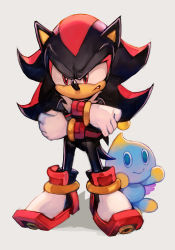Rule 34 | 1boy, 1other, black hair, black skin, blue skin, chao (sonic), colored skin, furry, furry male, gloves, hedgehog, hungry clicker, looking at viewer, red eyes, sega, serious, shadow the hedgehog, shoes, smile, sonic (series), spiked hair, traditional media, white gloves