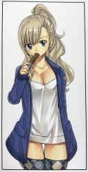 Rule 34 | 1girl, blonde hair, blue eyes, breasts, cleavage, earrings, eden&#039;s zero, highres, jewelry, large breasts, long hair, looking at viewer, mashima hiro, official art, ponytail, rebecca bluegarden, solo, standing, thigh gap, thighhighs
