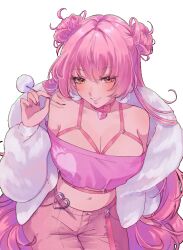 Rule 34 | 1girl, artist request, babypink asmr (vtuber), breasts, cleavage, collar, double bun, grin, hair bun, heart, heart collar, indie virtual youtuber, large breasts, leaning forward, long hair, mimikaki, navel, smile, solo, transparent background, virtual youtuber