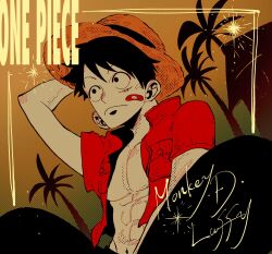 Rule 34 | 1boy, abs, bandaid, bandaid on face, black eyes, black hair, character name, closed mouth, commentary request, english text, facial scar, hand on headwear, hat, highres, larugo0513, male focus, monkey d. luffy, one piece, open clothes, red shirt, scar, scar on cheek, scar on face, shirt, short hair, short sleeves, solo, straw hat