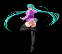 Rule 34 | 1girl, absurdres, aqua eyes, aqua hair, arteslav, ass, black background, black thighhighs, blush, bottomless, breasts, commentary, english commentary, full body, hatsune miku, highres, hood, hood down, hoodie, huge ass, kneepits, legs, long hair, long legs, looking back, medium breasts, nipples, no bra, open clothes, open hoodie, plantar flexion, purple hoodie, solo, standing, standing on one leg, thighhighs, tiptoes, toes, twintails, very long hair, vocaloid