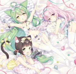 Rule 34 | 3girls, ahoge, akashi (azur lane), animal ear fluff, animal ears, armpits, arms up, ass, azur lane, blue camisole, bow, bow panties, breasts, brown hair, camisole, candy, cat ears, cat tail, commentary request, cropped, food, garter belt, garter straps, green eyes, green hair, hair bow, head rest, kisaragi (azur lane), lollipop, long hair, looking at viewer, low twintails, lying, multiple girls, mutsuki (azur lane), navel, hugging object, on back, on stomach, open mouth, outstretched arms, panties, pillow, pillow hug, pink eyes, pink hair, ribbon, short hair, short twintails, side-tie panties, small breasts, smile, tail, tail ornament, tail ribbon, thigh gap, thighhighs, thighs, twintails, underwear, underwear only, very long hair, wasabi (sekai), white camisole, white legwear, white panties, yellow camisole