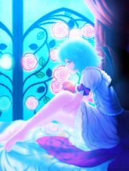 Rule 34 | 1girl, apple, backlighting, barefoot, blue hair, bow, curtains, female focus, food, from side, fruit, highres, hugging own legs, no headwear, no headwear, profile, red eyes, remilia scarlet, short sleeves, sitting, solo, stained glass, touhou, wings, yonaki