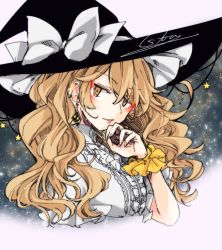 Rule 34 | 1girl, bad id, bad pixiv id, blonde hair, bow, earrings, hat, hat bow, jewelry, kirisame marisa, long hair, looking at viewer, parted lips, scrunchie, short sleeves, signature, solo, souta (karasu no ouchi), star (symbol), starry background, touhou, upper body, white bow, witch hat, wrist scrunchie, yellow eyes