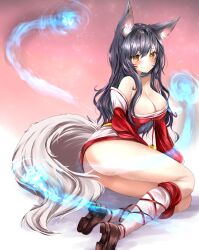 1girl ahri_(league_of_legends) animal_ear_fluff animal_ears arm_support ass black_hair blush breasts cleavage closed_mouth dress energy facial_mark fox_ears fox_girl fox_tail full_body highres large_breasts league_of_legends long_hair looking_at_viewer lying mint_mia off-shoulder_dress off_shoulder on_side red_dress shoes short_dress smile socks soles solo tail thighs wavy_hair whisker_markings white_socks white_tail yellow_eyes