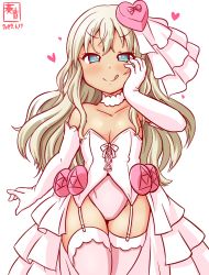 Rule 34 | 1girl, alternate costume, artist logo, blonde hair, blue eyes, breasts, bridal veil, bride, cleavage, collarbone, commentary request, corset, cowboy shot, dated, dress, elbow gloves, garter straps, gloves, grecale (kancolle), hair ornament, hand on own face, heart, heart hair ornament, kanon (kurogane knights), kantai collection, leotard, long hair, looking at viewer, one-hour drawing challenge, pink thighhighs, simple background, skirt, small breasts, solo, standing, strapless, strapless leotard, tan, thighhighs, tongue, tongue out, veil, wedding dress, white background, white gloves, white leotard, white skirt