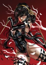 Rule 34 | 1girl, alternate costume, black gloves, black hair, black leotard, black thighhighs, blood, branch, breasts, cleavage, elbow gloves, fingerless gloves, gloves, gluteal fold, gradient background, hairband, highleg, highleg leotard, highres, holding, holding weapon, large breasts, leotard, long hair, looking at viewer, medium breasts, red background, red eyes, solo, spy x family, strapless, strapless leotard, thighhighs, thighs, weapon, whails, yor briar