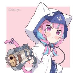 Rule 34 | 1girl, angry, animal ears, animal hood, apex legends, b3 wingman, blue hair, blue skirt, blunt bangs, blush stickers, braid, cat ears, cat girl, cat hood, cat tail, chibi, commentary, determined, english commentary, gun, handgun, highres, holding, holding gun, holding weapon, hololive, hood, hooded jacket, jacket, kukie-nyan, long hair, looking at viewer, minato aqua, minato aqua (sailor), multicolored hair, open clothes, open jacket, pantyhose, purple eyes, purple hair, ribbon, skirt, solo, streaked hair, tail, tail ornament, tail ribbon, twin braids, twitter username, two-tone hair, v-shaped eyebrows, virtual youtuber, weapon, white jacket, white pantyhose