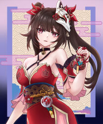 Rule 34 | 1girl, bare shoulders, bell, black choker, black hair, black sash, choker, commentary request, criss-cross halter, detached sleeves, dress, facial mark, fox mask, halterneck, hand up, highres, holding, honkai: star rail, honkai (series), long hair, looking at viewer, mask, mask on head, neck bell, obi, parted lips, pink eyes, red dress, ryuudg, sash, short sleeves, solo, sparkle (honkai: star rail), twintails, upper body, very long hair
