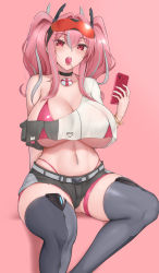 Rule 34 | 1girl, arm behind back, azur lane, belt, bikini, bikini under clothes, black choker, black shorts, blue thighhighs, blush, bracelet, breasts, bremerton (azur lane), candy, cellphone, choker, cleavage, collarbone, commentary, cowboy shot, crop top, crop top overhang, ear piercing, eyewear on head, food, food in mouth, gluteal fold, grey belt, grey hair, grey thighhighs, groin, hair between eyes, hair intakes, hair ornament, hand up, highleg, highleg bikini, highres, holding, holding phone, invisible chair, jewelry, large breasts, lifebuoy ornament, lollipop, long hair, looking at viewer, mole, mole on breast, mole under eye, multicolored hair, navel, navel piercing, phone, piercing, pink background, pink bikini, pink eyes, pink hair, raki (x25), red-tinted eyewear, shadow, short shorts, short sleeves, shorts, sidelocks, simple background, single bare shoulder, sitting, skindentation, smartphone, solo, stomach, streaked hair, sunglasses, swimsuit, teeth, thigh strap, thighhighs, tinted eyewear, tongue, tongue out, twintails, two-tone hair, two-tone legwear, two-tone shirt, underboob, upper teeth only