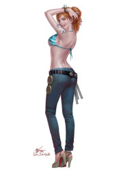 Rule 34 | 1girl, :d, arm tattoo, arms up, artist name, ass, bangle, bikini, bikini top only, blue pants, bracelet, breasts, clima-tact, contrapposto, denim, from behind, hand in own hair, high heels, holster, in-hyuk lee, jeans, jewelry, lipstick, log pose, long hair, looking at viewer, looking back, makeup, medium breasts, midriff, nami (one piece), one piece, open mouth, orange hair, pants, pink lips, pocket, realistic, ruffling hair, sandals, signature, simple background, smile, solo, staff, standing, strap gap, swimsuit, tattoo, teeth, white background