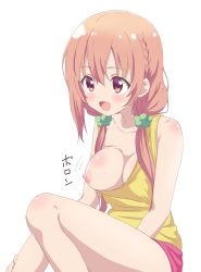 Rule 34 | 10s, 1girl, blush, braid, breast slip, breasts, clueless, eyes visible through hair, highres, hinako note, large breasts, long hair, low twintails, motion lines, multicolored eyes, nipples, no bra, one breast out, open mouth, pink hair, sakuragi hinako, simple background, sincos, smile, solo, translated, twintails, wardrobe malfunction, white background
