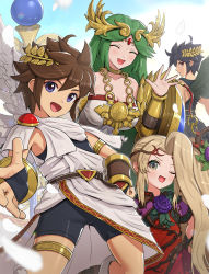 Rule 34 | 2boys, 2girls, ancient greek clothes, armlet, black hair, blonde hair, blue eyes, breasts, brown hair, chiton, cleavage, closed eyes, dark pit, dress, forehead jewel, gonzarez, greco-roman clothes, green hair, highres, jewelry, kid icarus, kid icarus uprising, large breasts, laurel crown, long hair, looking at viewer, multiple boys, multiple girls, nintendo, one eye closed, open mouth, palutena, parted bangs, pendant, pit (kid icarus), short hair, strapless, strapless dress, tiara, tongue, vambraces, very long hair, viridi