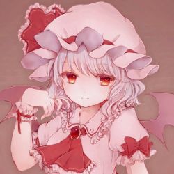 Rule 34 | ascot, bat wings, bebitera, bow, brooch, brown background, closed mouth, fangs, fangs out, frilled shirt collar, frilled sleeves, frills, hand up, hat, hat ribbon, highres, jewelry, light purple hair, looking at viewer, mob cap, puffy short sleeves, puffy sleeves, red bow, red eyes, red ribbon, remilia scarlet, ribbon, short hair, short sleeves, simple background, smile, solo, touhou, upper body, wings, wrist cuffs