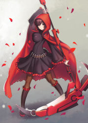 Rule 34 | 1girl, black hair, boots, breasts, cape, cross, hood, impossible clothes, pantyhose, petals, ruby rose, rwby, s-goon, scythe, short hair, skirt, solo