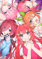 Rule 34 | 5girls, ;d, ;p, absurdres, ahoge, blue cardigan, blue eyes, breasts, cardigan, character request, circle formation, finger counting, go-toubun no hanayome, green hairband, green ribbon, grin, hair between eyes, hair ornament, hair over one eye, hair ribbon, hairband, hands up, headphones, headphones around neck, highres, jacket, long hair, long sleeves, looking at viewer, medium breasts, mika pikazo, multiple girls, nakano miku, one eye closed, open mouth, orange hair, pink hair, pink vest, purple jacket, reaching, reaching towards viewer, red hair, ribbon, scan, shirt, short hair, short sleeves, siblings, sisters, sleeves past wrists, smile, star (symbol), star hair ornament, tongue, tongue out, upper body, v, vest, white background, white shirt