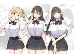 Rule 34 | 1boy, 3girls, aimi (sky-freedom), black bow, black bowtie, black hair, black skirt, blonde hair, blunt bangs, blush, bow, bowtie, breasts, closed mouth, collared shirt, commentary, cowboy shot, glasses, grey eyes, hair ribbon, hand on own hip, hand up, highres, large breasts, long hair, looking at viewer, mole, mole under mouth, multiple girls, one eye closed, open mouth, original, parted lips, pink ribbon, pleated skirt, purple eyes, ribbon, riko (sky-freedom), school uniform, shirt, shirt tucked in, short sleeves, skirt, sky-freedom, smile, tented shirt, twintails, v, white shirt, yellow eyes, yurie (sky-freedom)