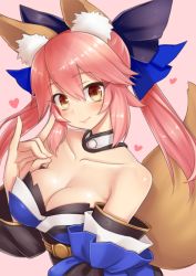 Rule 34 | 10s, 1girl, animal ears, bare shoulders, blue bow, blush, bow, breasts, cleavage, closed mouth, collar, collarbone, detached sleeves, fate/extra, fate/grand order, fate (series), fox ears, fox shadow puppet, hair between eyes, hair bow, hand gesture, heart, highres, japanese clothes, kimono, kou (garakuta teikoku), large breasts, long hair, long sleeves, looking at viewer, medium breasts, orange eyes, pink background, pink hair, sash, simple background, smile, solo, tamamo (fate), tamamo no mae (fate/extra), twintails, underbust, upper body, wide sleeves