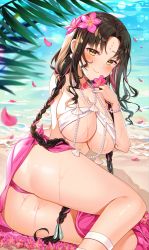 Rule 34 | 1girl, absurdres, ass, bad id, bad twitter id, bead bracelet, bead necklace, beads, blush, bracelet, braid, breasts, brown hair, collarbone, commentary, facial mark, fate/grand order, fate (series), flower, forehead mark, hair flower, hair ornament, highres, jewelry, large breasts, long hair, multicolored hair, nail polish, necklace, pink flower, pink hair, pink sarong, reel (riru), sand, seashell, sessyoin kiara, sessyoin kiara (swimsuit mooncancer), sessyoin kiara (swimsuit mooncancer) (first ascension), shell, smile, solo, twin braids, water, wet, yellow eyes