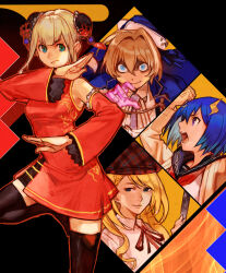 Rule 34 | 4girls, aqua eyes, black sailor collar, black thighhighs, blonde hair, blue eyes, blue hair, blunt bangs, breasts, bun cover, character request, china dress, chinese clothes, collared shirt, copyright request, detached sleeves, double bun, dress, hair bun, hair ornament, hungry clicker, leg up, looking at viewer, medium breasts, multiple girls, neck ribbon, neckerchief, open mouth, profile, red dress, red neckerchief, red ribbon, ribbon, sailor collar, shirt, short hair, thighhighs, white shirt