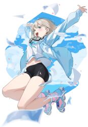 Rule 34 | 1girl, absurdres, arms up, bike shorts, blue eyes, blue jacket, blue neckerchief, cloud, earrings, goggles, goggles around neck, highres, idolmaster, idolmaster shiny colors, jacket, jewelry, light brown hair, looking afar, midair, navel, neckerchief, open clothes, open jacket, open mouth, outdoors, photo (object), roller skates, serizawa asahi, shirt, short hair, skates, solo, tamago (eva1314056), white shirt