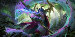 Rule 34 | 1girl, arrow (projectile), ashe (league of legends), blue eyes, blue hair, bow (weapon), cape, closed mouth, dragon, dress, fae dragon ashe, falling leaves, fingerless gloves, floating hair, forest, gloves, grass, hair ornament, highres, holding, holding arrow, holding bow (weapon), holding weapon, incoming attack, kudos3d, leaf, league of legends, legends of runeterra, long hair, nature, official art, outdoors, parted bangs, people, red cape, serious, sidelocks, sleeveless, sleeveless dress, solo focus, standing, tree, weapon, white dress, white gloves, wings