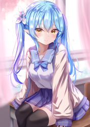 Rule 34 | 1girl, ahoge, black thighhighs, blue bow, blue bowtie, blue hair, blue sailor collar, blush, bow, bowtie, breasts, brown cardigan, cardigan, closed mouth, curtains, desk, elf, flower, hair between eyes, hair flower, hair ornament, highres, hololive, indoors, long hair, long sleeves, looking at viewer, medium breasts, on desk, open cardigan, open clothes, pleated skirt, pointy ears, purple skirt, sailor collar, school desk, shirt, sitting, on desk, skirt, sleeves past wrists, smile, solo, thighhighs, twintails, virtual youtuber, white flower, white shirt, window, yellow eyes, yuano, yukihana lamy