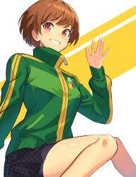 Rule 34 | 1girl, bike shorts, black skirt, blush, brown eyes, brown hair, commentary, english commentary, feet out of frame, green jacket, hand up, highres, jacket, knees together feet apart, kumaking, looking at viewer, miniskirt, mixed-language commentary, multicolored clothes, multicolored jacket, persona, persona 4, satonaka chie, short hair, shorts, shorts under skirt, sidelocks, sitting, skirt, smile, solo, swept bangs, teeth, thighs, track jacket, two-tone background, two-tone jacket, white background, yellow background, yellow jacket, zipper