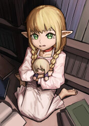 1girl absurdres aged_down an_yb barefoot blonde_hair blue_book book book_stack braid bright_pupils child collar collarbone commentary_request dress dungeon_meshi dutch_angle falin_touden from_above full_body green_eyes highres hugging_doll hugging_object long_dress long_hair long_sleeves looking_at_viewer marcille_donato open_book parted_lips pointy_ears red_collar shadow shelf sitting soles solo tearing_up twin_braids wariza white_dress white_pupils