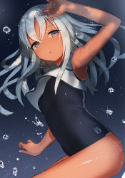Rule 34 | 10s, 1girl, armpits, bad id, bad pixiv id, blue background, bubble, ccaw, cowboy shot, crop top, expressionless, from side, grey eyes, hair between eyes, highres, kantai collection, long hair, looking at viewer, one-piece swimsuit, ro-500 (kancolle), school swimsuit, school uniform, serafuku, silver hair, solo, submerged, swimsuit, tareme, thighs, underwater