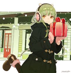 Rule 34 | 1girl, :&gt;, artist name, black pantyhose, blush, boots, christmas, coat, duffel coat, gift, green hair, headphones, holding, holding gift, leg up, long hair, looking at viewer, merry christmas, mittens, noco (adamas), original, pantyhose, shop, signature, smile, snow, solo, yellow eyes